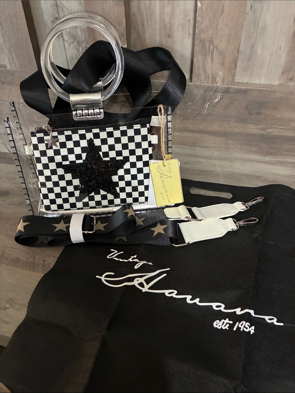 Vintage Havana clear with Black & White Checker Mini Bag comes with 2 straps